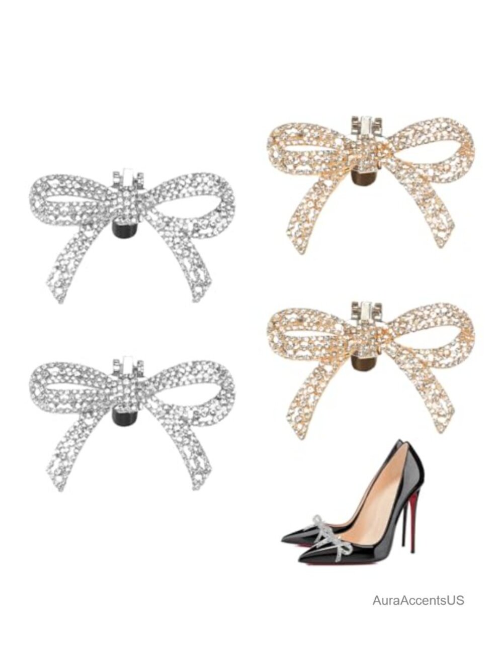 Crystal Bow Shoe Clips Rhinestone Heel Charms Party Accessories 4pcs